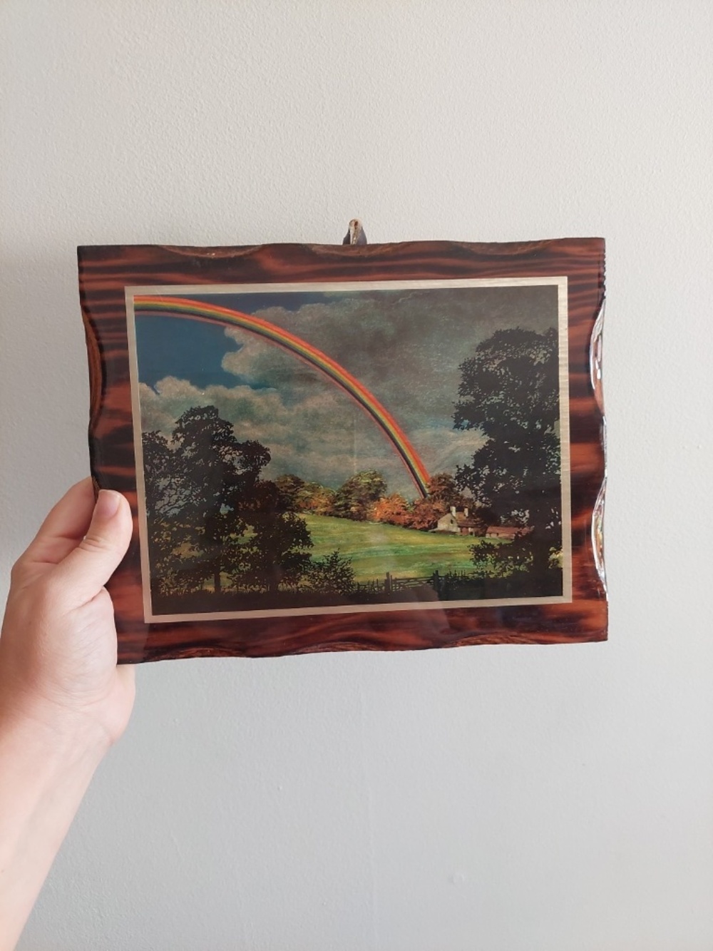 VTG 70’s Dufex Foil Art On Wood Plaque Rainbow Landscape Wall Hanging